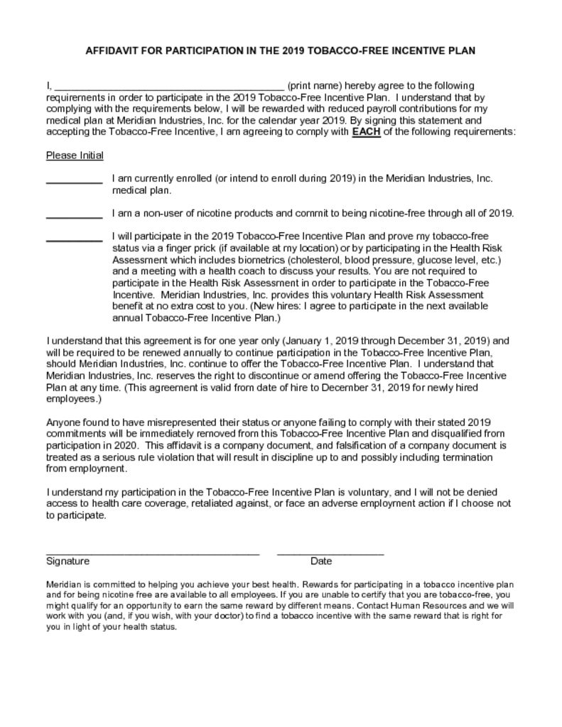 tobacco free affidavit i attest that i am a user meaning Tobacco 2024 by The MJ Companies Tobacco Affidavit Fill Out