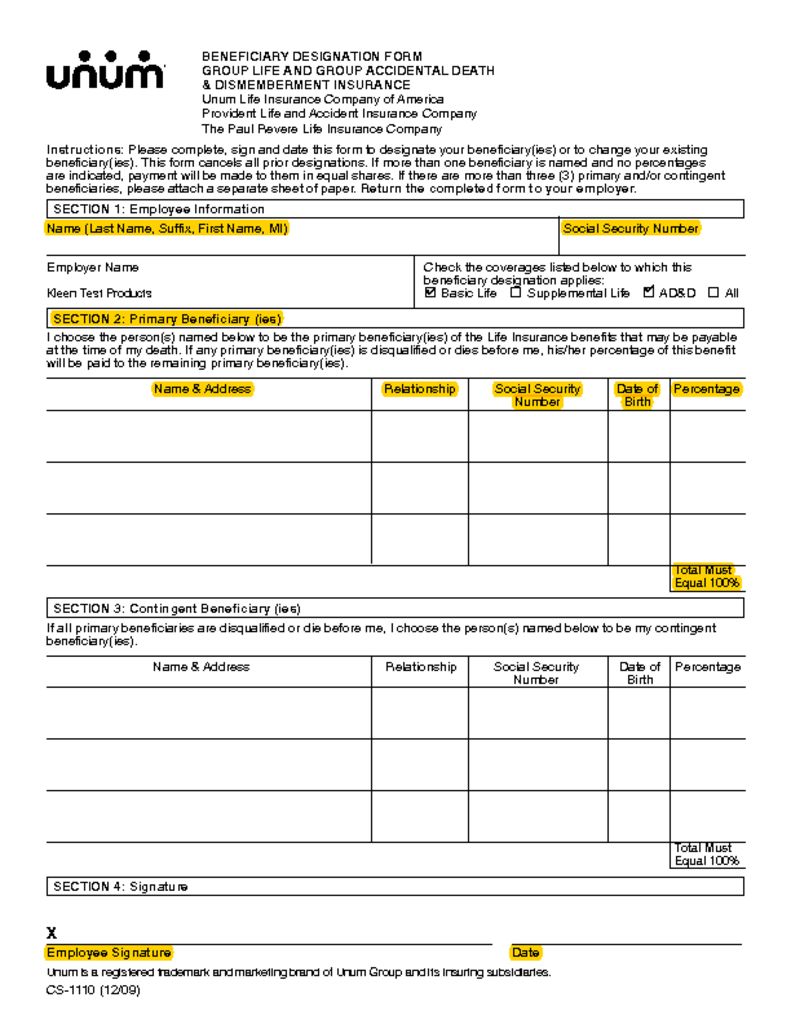 Life Ins Beneficiary Form Kleen Test Products Corporation